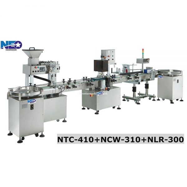自動數粒鎖蓋貼標機產線 (NTC-410+NCW-310+NLR-300)