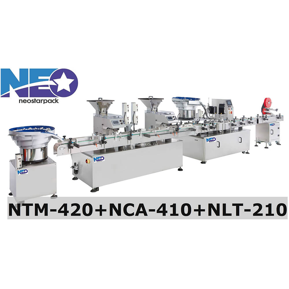 全自動高效能數粒-星盤鎖蓋-上貼貼標生產線 (NTM-420+NCA-410+NLT-210)